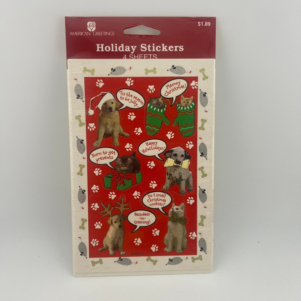 Vintage American Greetings Holiday Stickers Sealed Dog Cat Christmas 4 Sheets